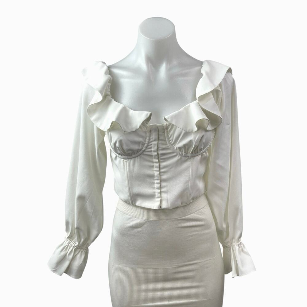 Victoria + Sophia Women's White Ruffled Long Sleeve Bustier Corset Crop Top Sz M